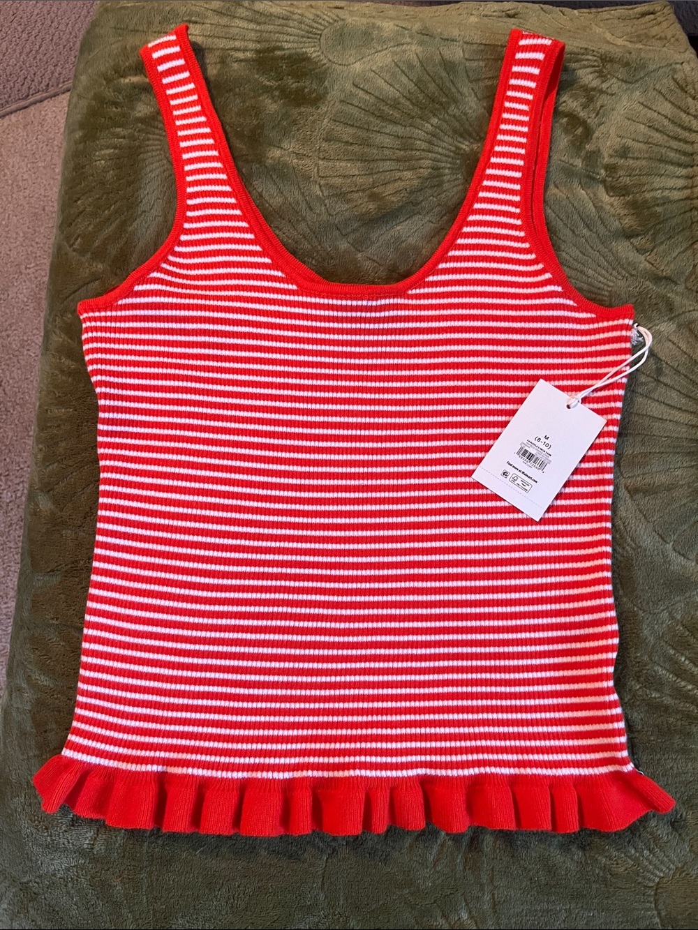 Red and White Striped Ribbed Tank Tunic with Ruffle Hem
